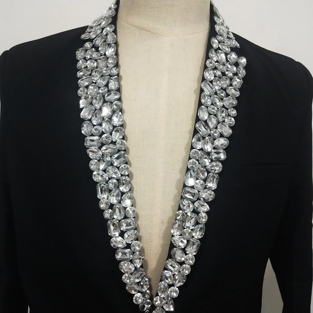 Black Men's jacket Sparkly Rhinestones Slim Blazers Formal Studio Groom Wedding Dresses Prom Party Male Singer Stage Performance Costume