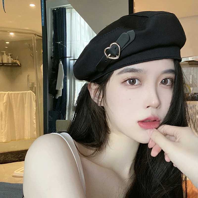 C7DJ Berets Nieuwe metal liefde hart Buckle Black Berets herfst Winter Warm Hip Hop Hats Vintage Elegante vrouwen Girls Decoratieve pet D24418