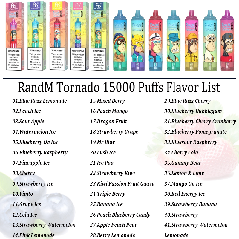 Fumot Randm Tornado 15000 Puff Shisha Disposable Vape Device 25ml 0/2/3/5% Sel de nicotine 41 FLAVORS BATTERD