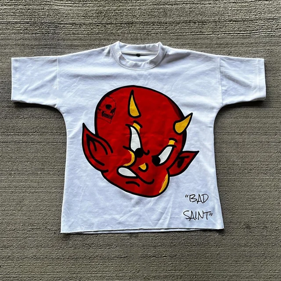 Camisetas de camisetas masculinas Kdis Little Devil Graffiti Hip Hop Principado Rua Camiseta curta Mulheres Mulheres Retro retro solto diário pescoço redondo diário pescoço