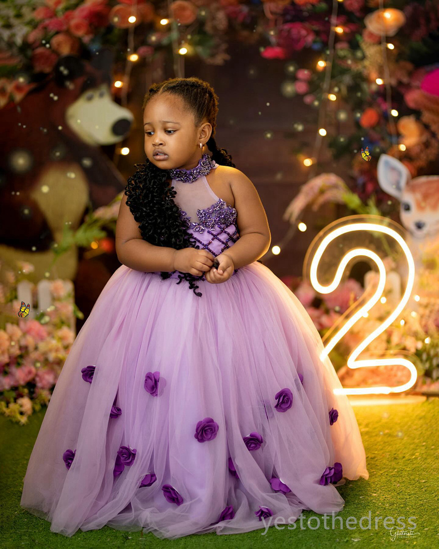 2024 Purple Little Girls Birthday Dress Flower Girl Dress Communion Gowns Halter Pearls Beaded Crystal Princess Queen Birthday Party Dress for Cute Little Girl F127