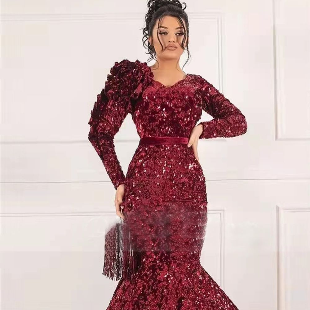 2024 Evening Dresses Wear Burgundy V Neck Long Sleeves Mermaid Sweep Train Sequined Lace Ruffles Plus Size Prom Gowns Party Dresses