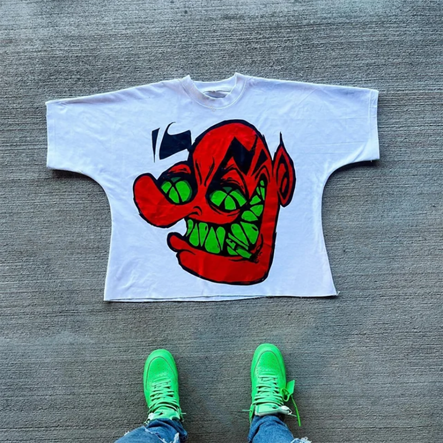 Camisetas de camisetas masculinas Kdis Little Devil Graffiti Hip Hop Principado Rua Camiseta curta Mulheres Mulheres Retro retro solto diário pescoço redondo diário pescoço