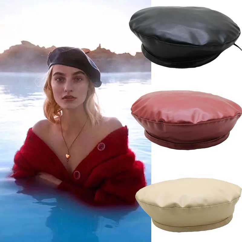 2y3u Berets vrouwen pu lederen baret Franse kunstenaar veerboon hoed cap vintage gewoon baret hoeden massieve kleur elegante dame lederen caps d240418