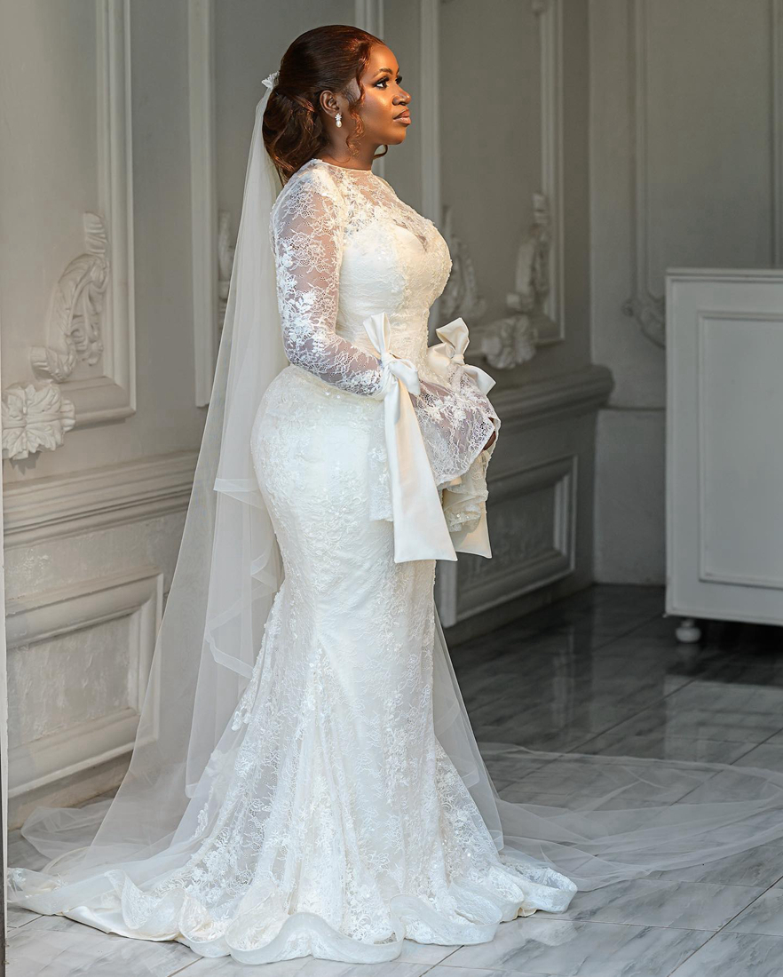 2024 sjöjungfru bröllopsklänningar brudklänningar eleganta bröllopsklänningar för brud långa ärmar fulllace ren nackbåge dekorerad brudklänning för afrikanska svarta kvinnor D222