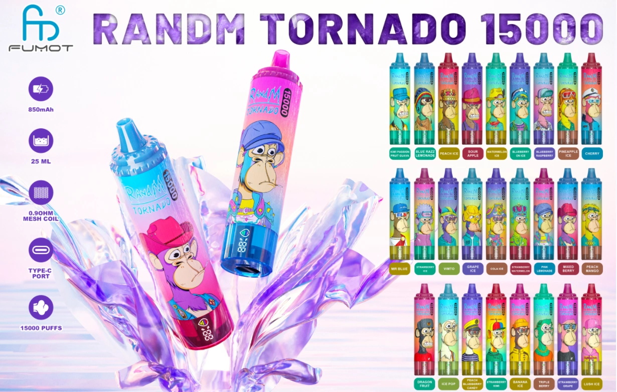 Fumot Randm Tornado 15000 퍼프 Shisha 일회용 vape 장치 25ml 0/2/3/5% 니코틴 소금 41 맛 배터리 사상 충전식 도매 15000 퍼프 15K EU vape bar