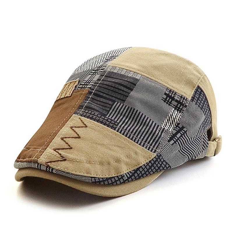 QPHH Bérets rétro pour hommes Bérets Hat d'automne Patchwork Plaid Paid Hat Gatsby Newsboy Cap Femmes Flat Cabbie Ivy Cap Twill Herringbone Hat D24418