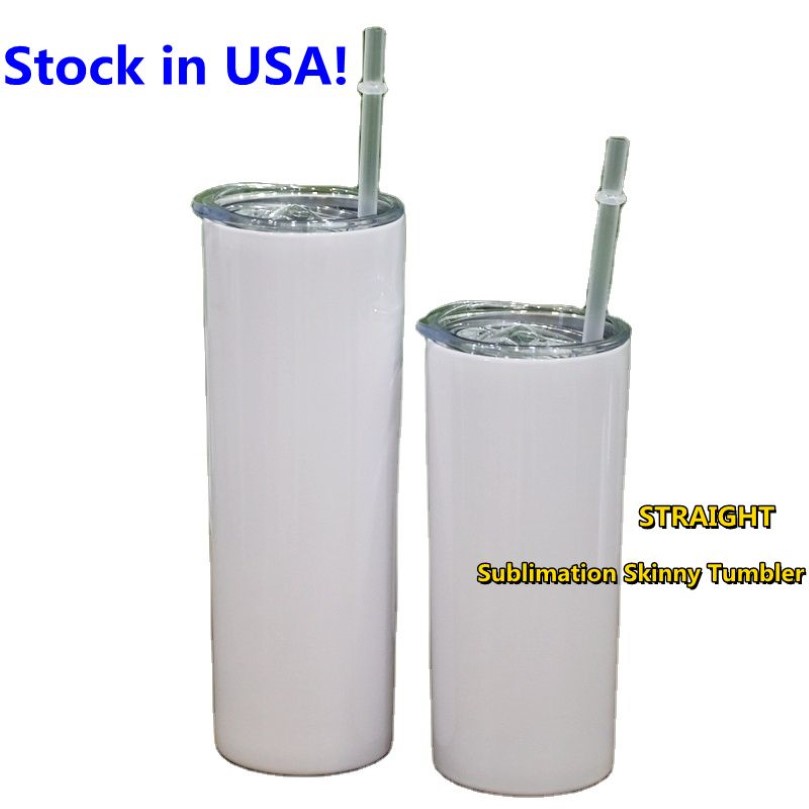 USA Stocks SUBLIMATION 15oz gobeurs maigres droits avec paille en plastique Paille en acier inoxydable double mur à vide isolées W324Q