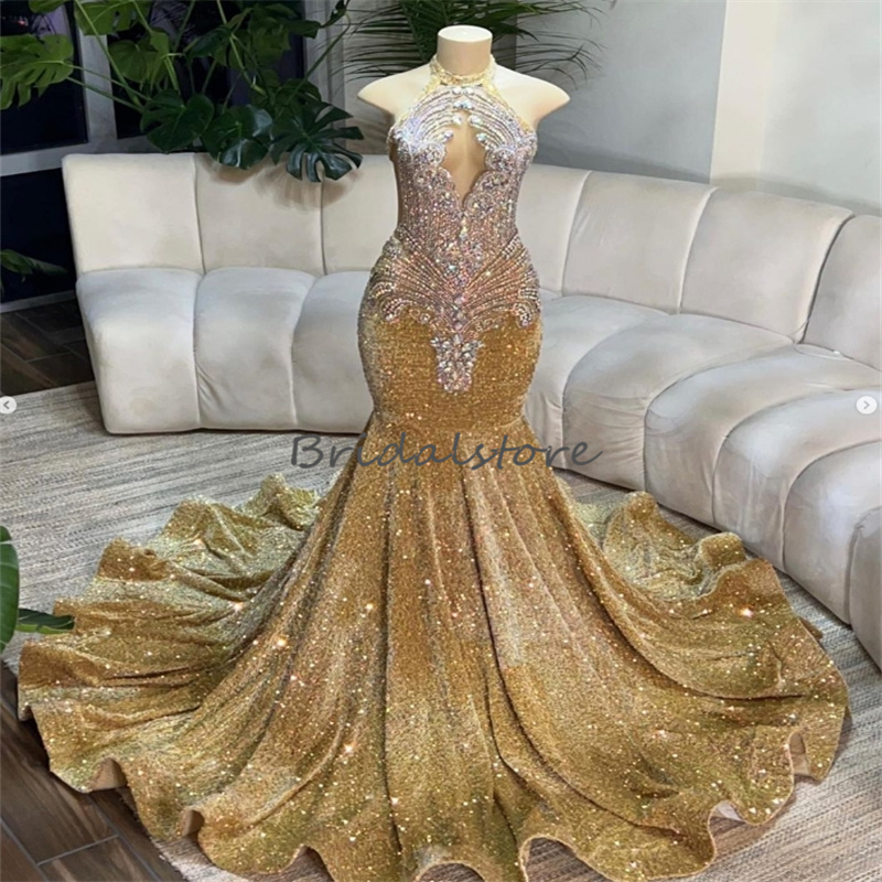 Robes de bal Shine Gold pour les filles noires robe de soirée de paillette de sirène de luxe 2024 plus taille aso ebi robe formelle robe diamant méchants d'anniversaire de fête d'anniversaire robes