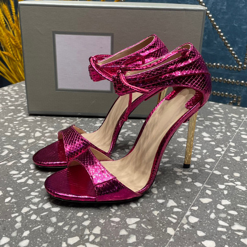 Sexy Round Head High Heel Sandals Summer Serpentine Upper One Strap Design Banquet Female Sandals Genuine Leather Material Appear Thin Women's Pumps 2024 New