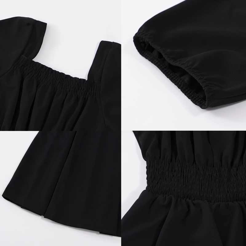 Basic Casual Dresses HOUZHOU Black Vintage Midi Dress Elegant Women Dresses Square Collar Puff Sleeve Oversized Loose Casual Sundress Female Robe