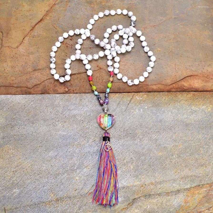 Pendant Necklaces Rainbow Natural Stones Chakra Heart-shaped Om Charm Tassel Necklace Women 108 Mala Rosary Knotted Jewelry227m