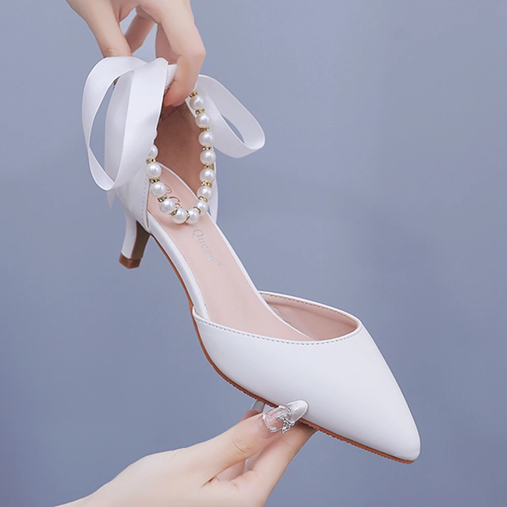 نيو نساء من الخنائيات Whitepearl Ribbon Dress Shoes Party 5cm High Heels Alegant White Pumps