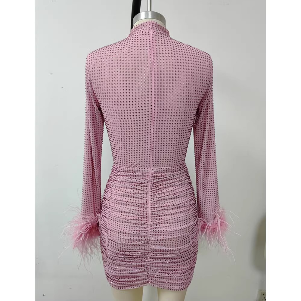 2024 Women's Mesh Sexy Club Dress Stand Collar Press Drill Feather Casual Slim Banquet Jurken CGD001