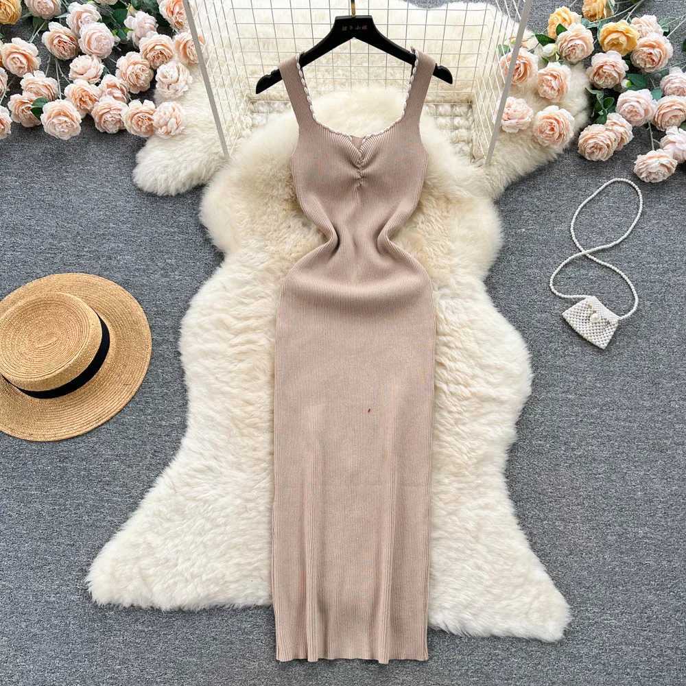 Basic Casual Dresses Romantic Pearl Knitted Women Dress Summer Elegant High Waist Stretchy Bodycon Tank Dress Korean Party Vestidos