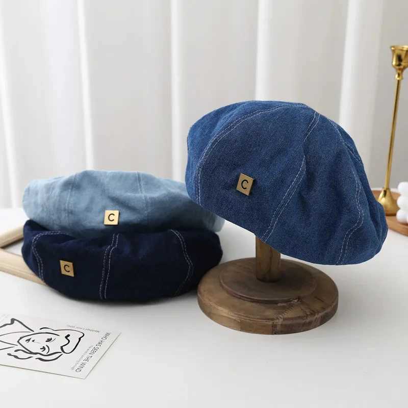 NJDK Berets Korean Women Denim Berets Fashion Retro Octagonal Hat Elegant Lady Artist Painter Cap Y2K Kpop Egirl Newsboy Beanies Girl Bonnet d240418