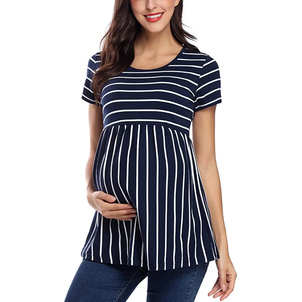 Dresses 2022 Summer New Maternity Clothes Loose Plus Size Woman Tshirts Short Sleeve Stripes Pregnant Tops Casual Tshirt C9131