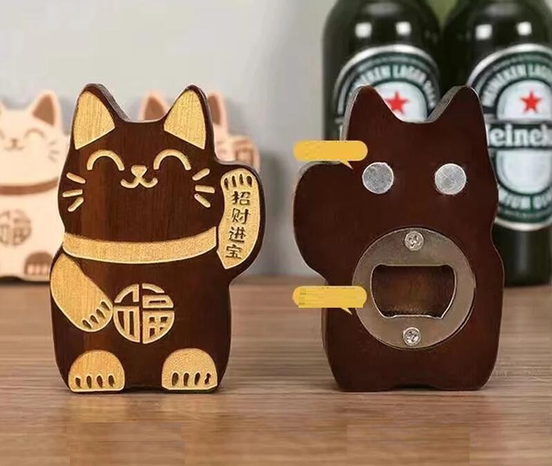 Abridor de garrafas de madeira maciça para bebidas Cerveja de sucção magnética criativa Lucky Cat Bottle abridor