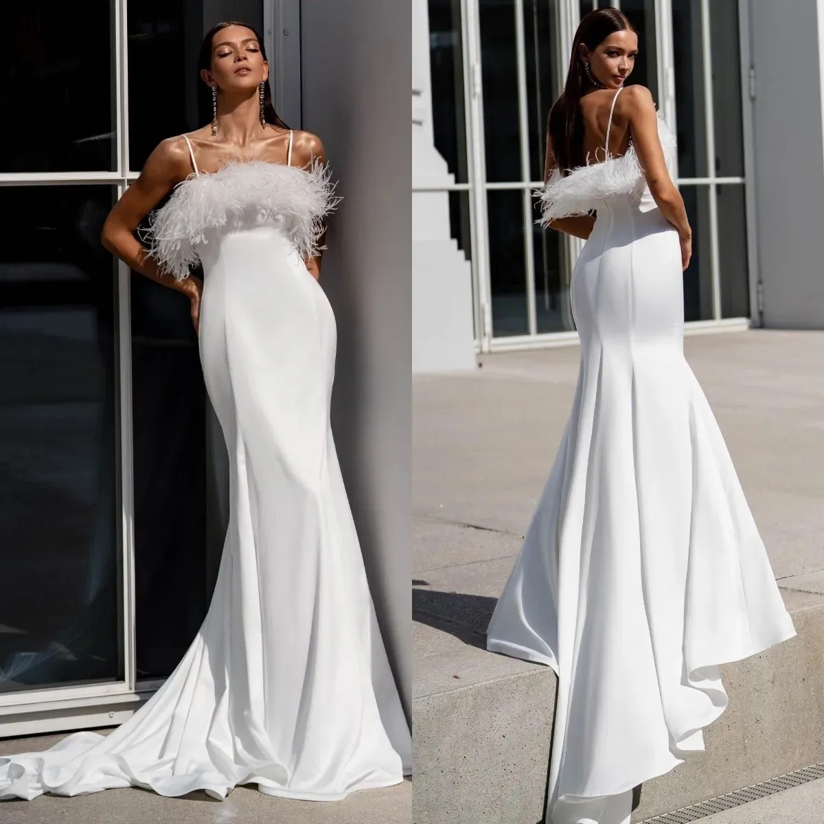 Furs Simple White Mermaid Wedding Dresses Backless Bridal Gowns Elegant Sweep Train Reception Party Dress Robes de Mariee YD