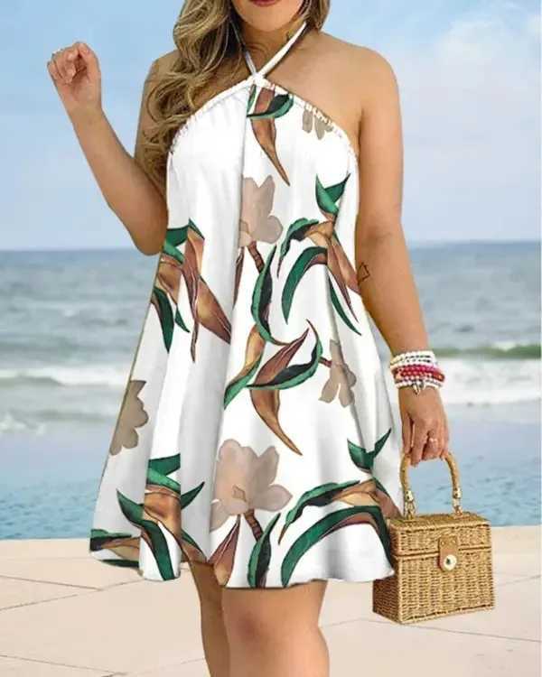 Basic casual jurken tropische print halter nek jurk vakantie stijl backless jurk voor lente zomer dames kleding