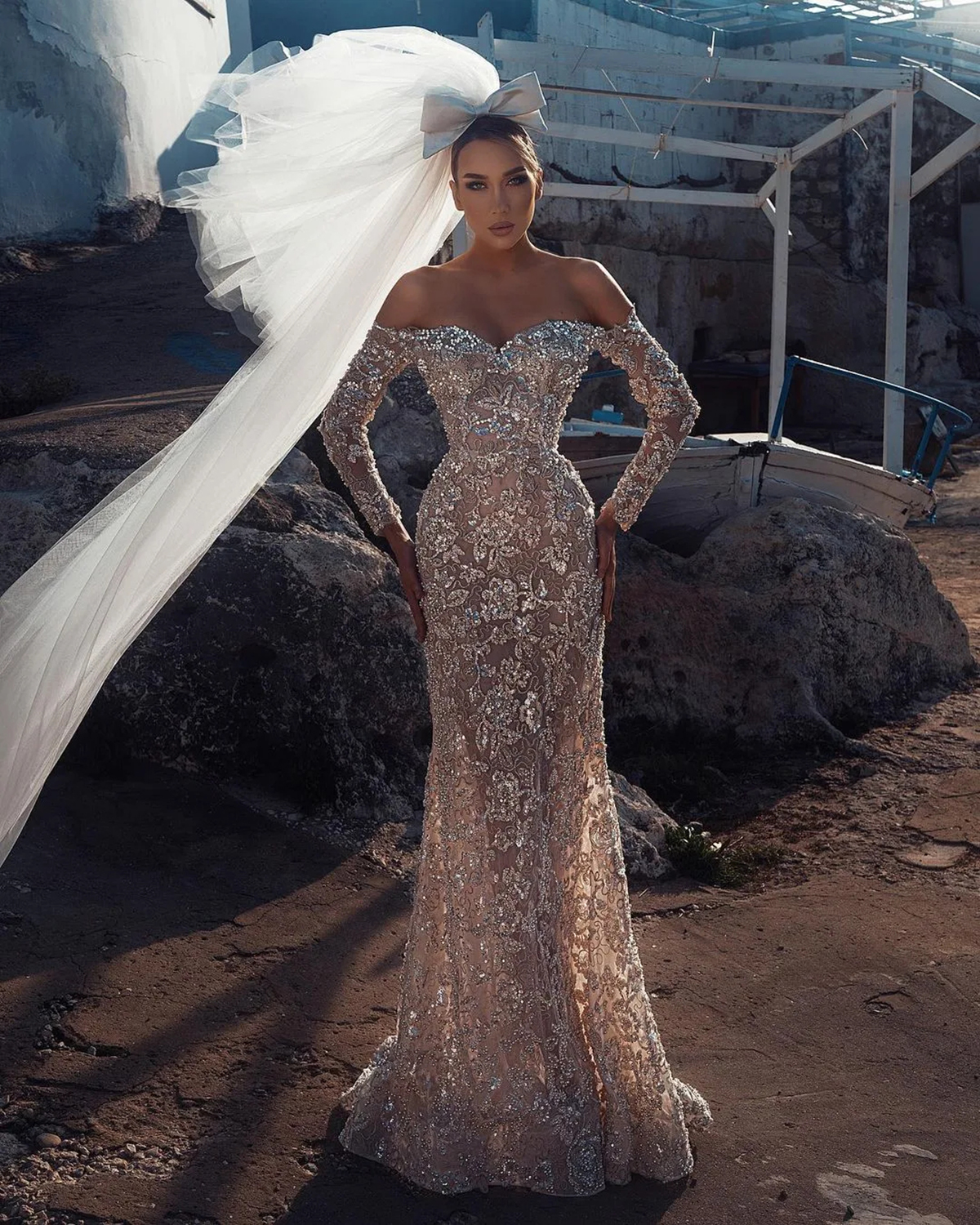 Designer Mermaid Wedding Dresses For Women Off Shoulder Long Sleeves Bridal Gown Sequins Beads Detachable Train Dress Custom Made vestidos de novia