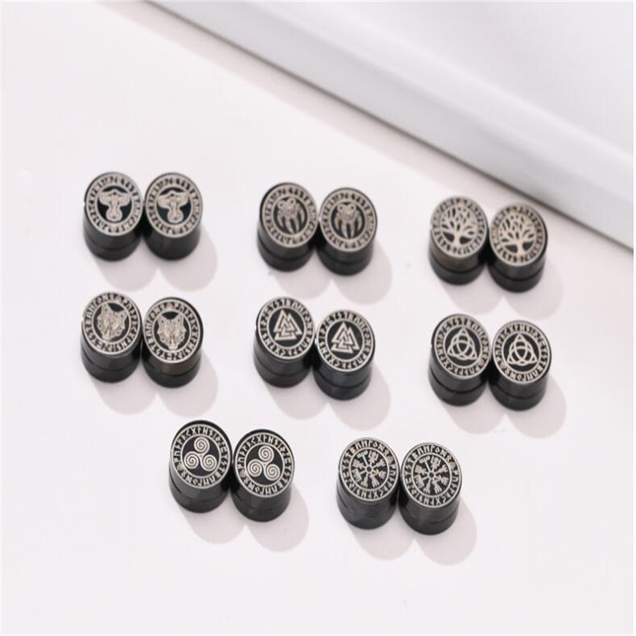 vnox Mens Viking Black Stud earrings Vegvisir and Norse Valknut Cool Punkステンレス鋼Norse Viking Set Male Earrings AB158