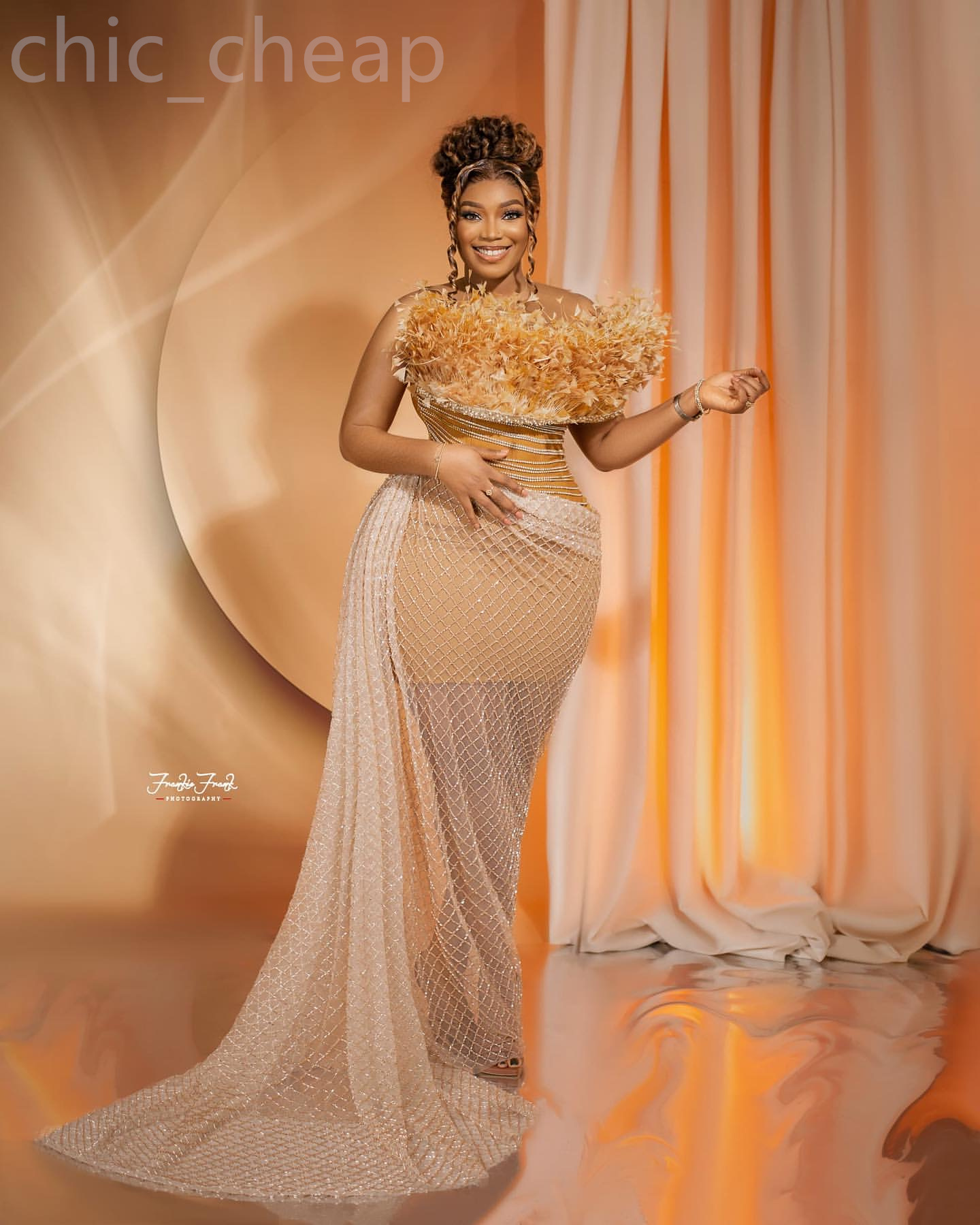 2024 Aso Ebi Gold Illusion Mermaid Prom Dress Sequined Feathers Evening Formal Party Second Reception 50th Birthday Engagement Gowns Dresses Robe De Soiree ZJ4022