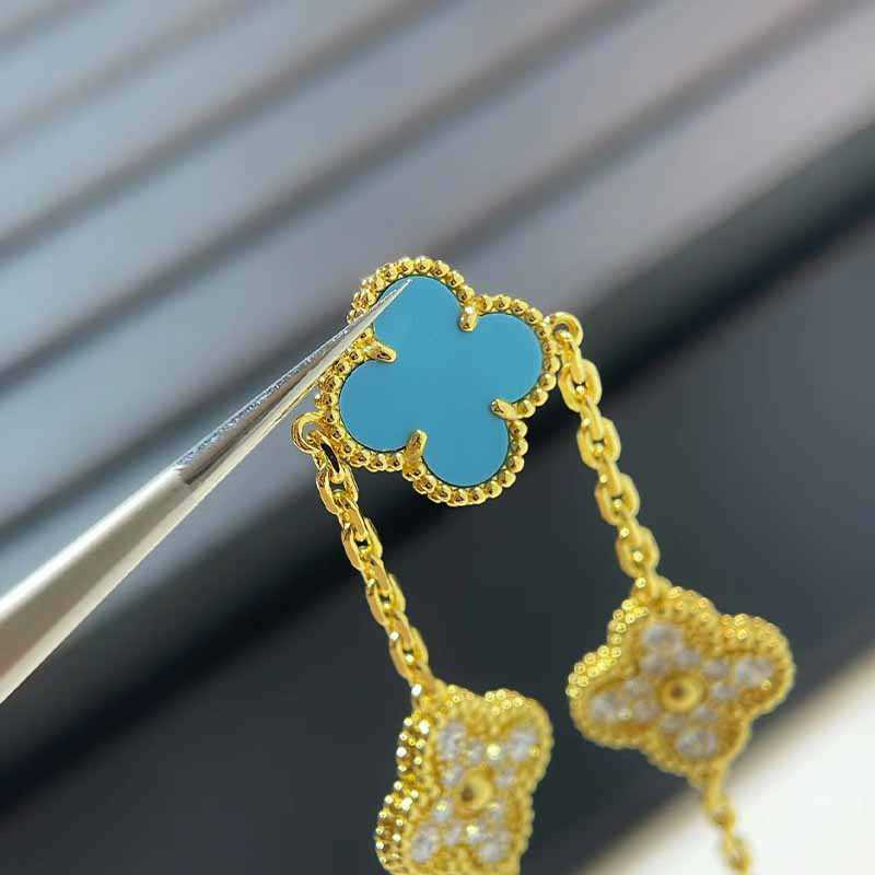 Brand Fashion Van Four Leaf Grass Turquoise Inter Diamond Bracelet S925 Sterling Silver Light Luxury Grade Feel Handicraft Jewelry with logo