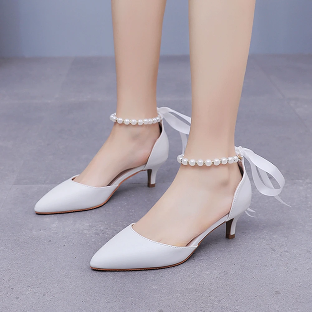 نيو نساء من الخنائيات Whitepearl Ribbon Dress Shoes Party 5cm High Heels Alegant White Pumps