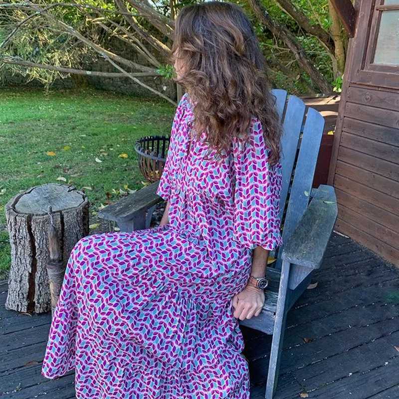 Basic Casual Dresses Puff Sleeve Boho Maxi Dress Elegant Women Summer 2022 Casual Floral Drawstring V-Neck Loose Holiday Beach Dresses Party Vestidos