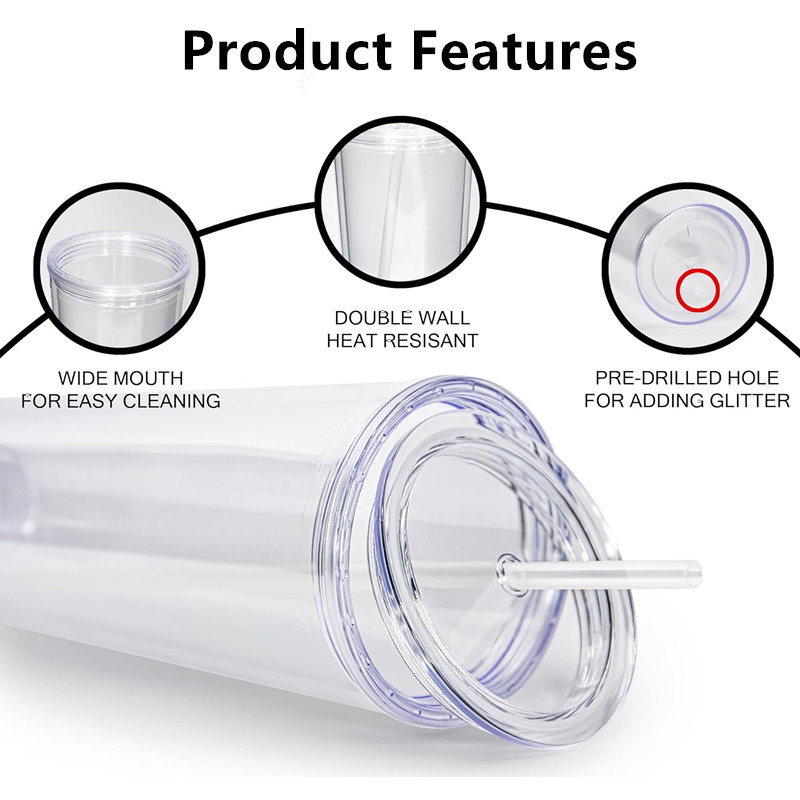 Cuppe di plastica a globo di neve da 24 once a doppia parete isolata isolata acrilica trasparente tazza di tazza sippy grande bevuta con tazza di silicone a foro pre-traforato