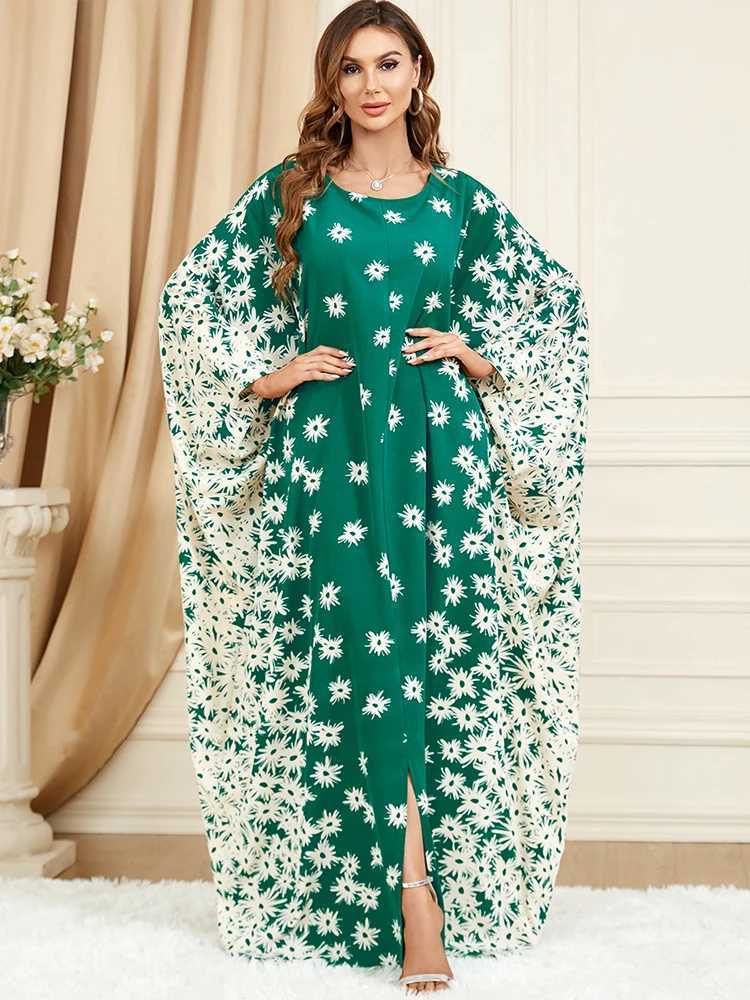 Roupas étnicas Roupas muçulmanas do Oriente Médio Manga de túnica verde Vestido floral solto D240419