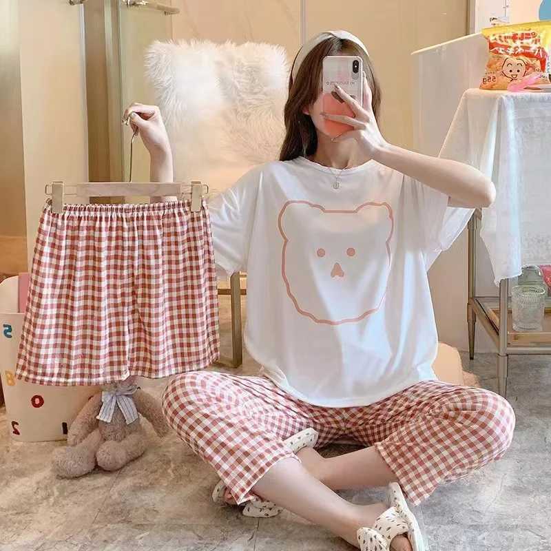 MAP6 Women's Sleep Lounge Dames Nieuwe pyjama driedelige vrouwelijke zomer korte mouwen Losse Koreaanse versie van de studenten groot formaat thuiskleding pyjama's D240419