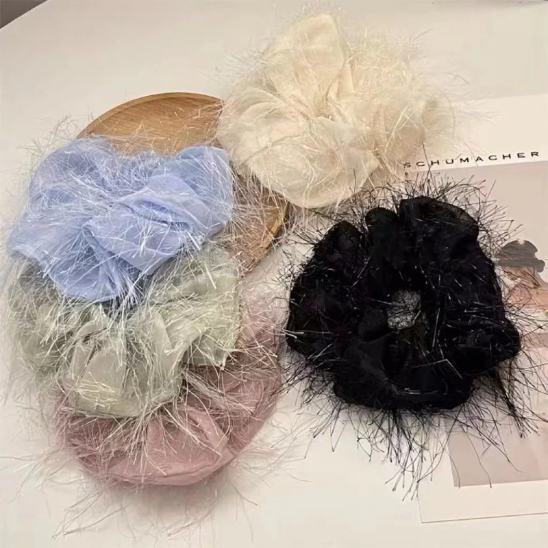 Women Solid Color Scrunchies Korean Girls Bright Silk Fringe Elastic Hair Band Black Blue Pink Beige Green Hair Accessories