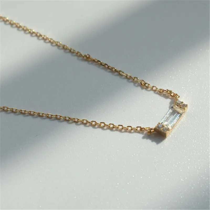 Pendant Necklaces 925 Sterling Silver French Simple Square Crystal Pendant Clavicle Chain Necklace Women Classic Plating 14k Gold Jewelry Gift 240419