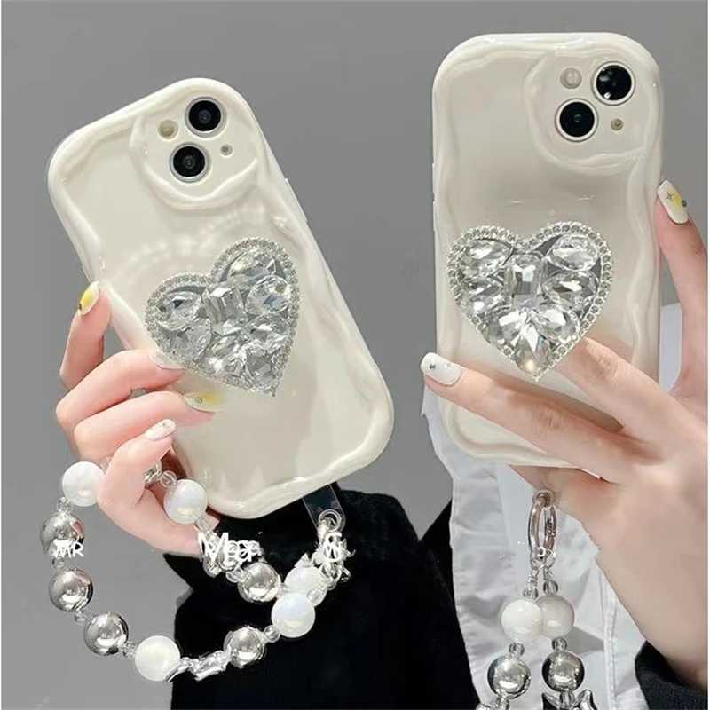 Cases van mobiele telefoons schattige diamand hartvormige armbandkast geschikt voor Samsung S23 S22 Ultra S23FE A54 A53 A50 A73 A14 5G schok-absorberende siliconenafdekking J240418