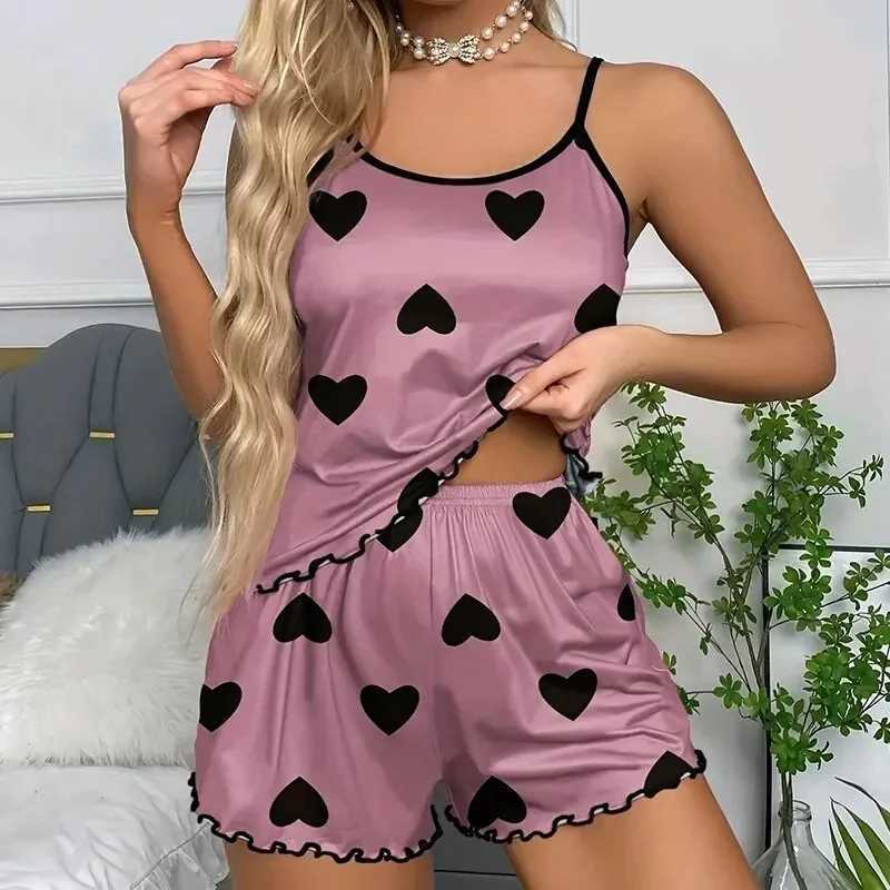 Kvinnors sömn lounge kvinnor pajamas sömnkläder pyjama set camisole shorts rosa s m l hjärttryck scoop hals cami topp is siden bekväm avslappnad sommar d240419