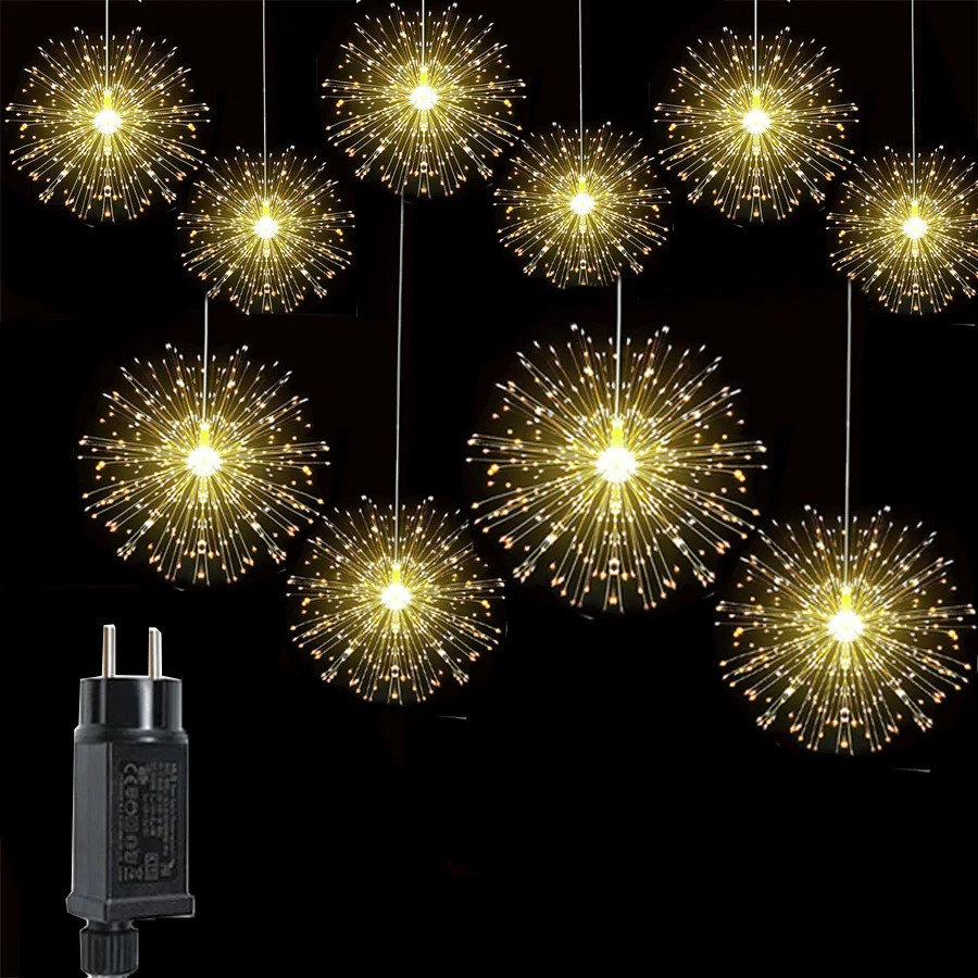 Thrisdar 10 w 1 wiszący Starburst Fajerwerk Światło na świeżym powietrzu Świąteczne Twinkle Dandelion Fairy String Light For Holiday Patio Decor 240409