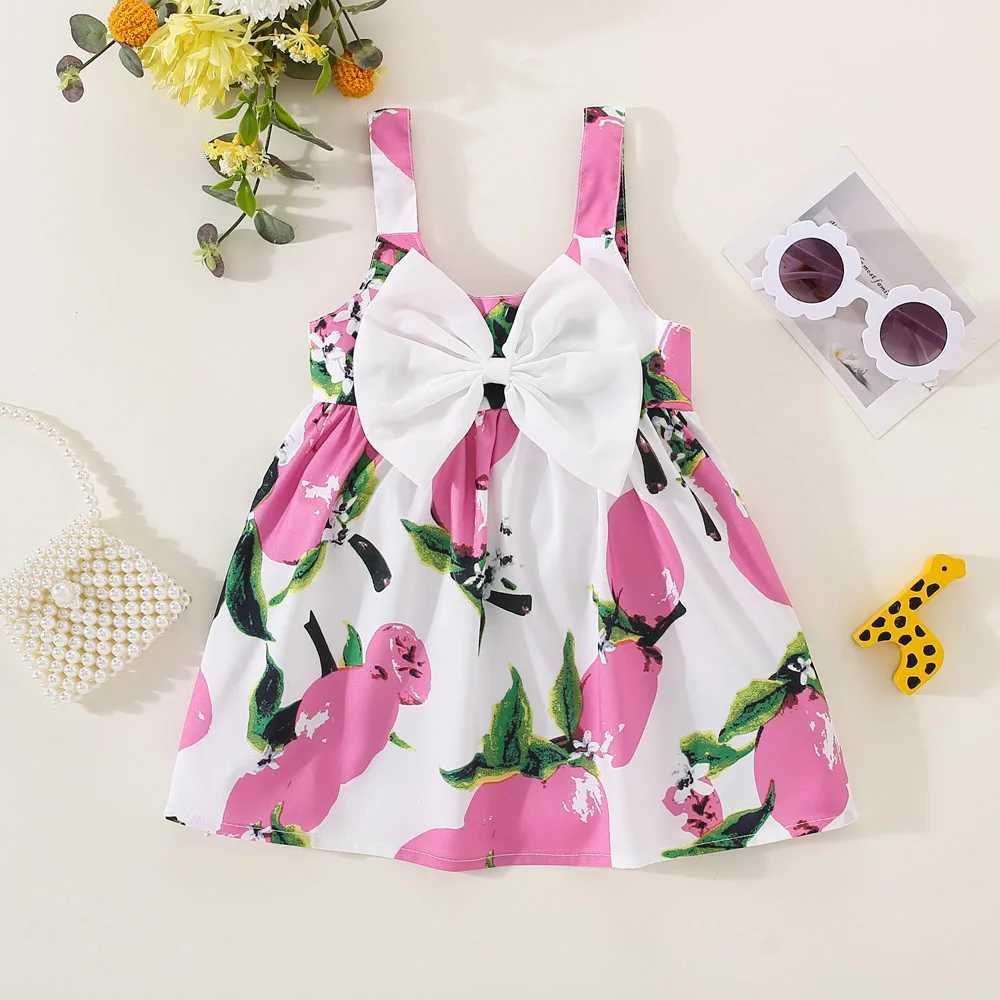 Girl's Dresses Summer girls dress childrens sleeveless lemon print bow European and American style suspender dress d240423