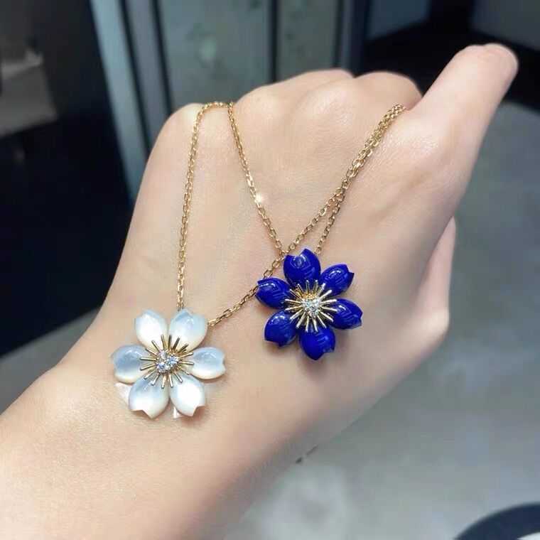 Designer Brand Van Flower Necklace 925 Sterling Silver Plated 18K gold natural white Fritillaria Red Agate Blue large flower pendant