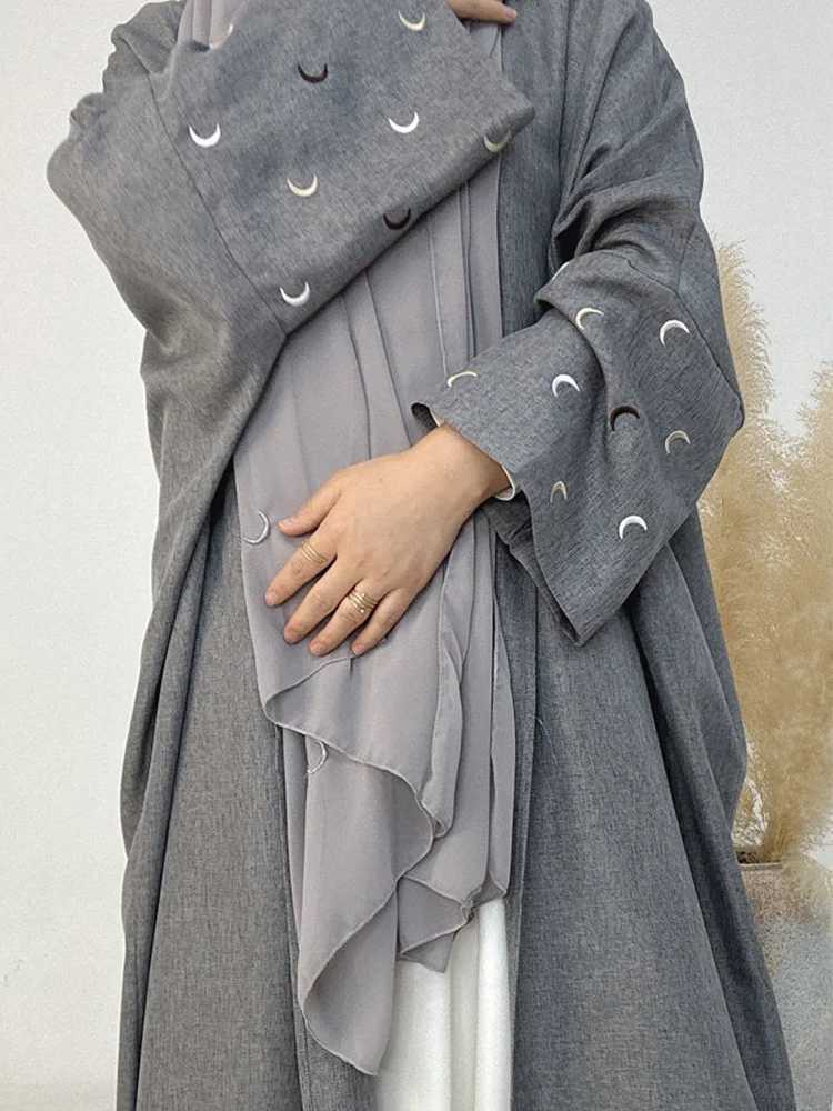 Ubranie etniczne lniana abaya dla Ramadanu 2024 Moon Heart Design Open Cardigan z rękawami nietoperzy muzułmańskie islamskie odzież dla kobiet bez hidżabu D240419