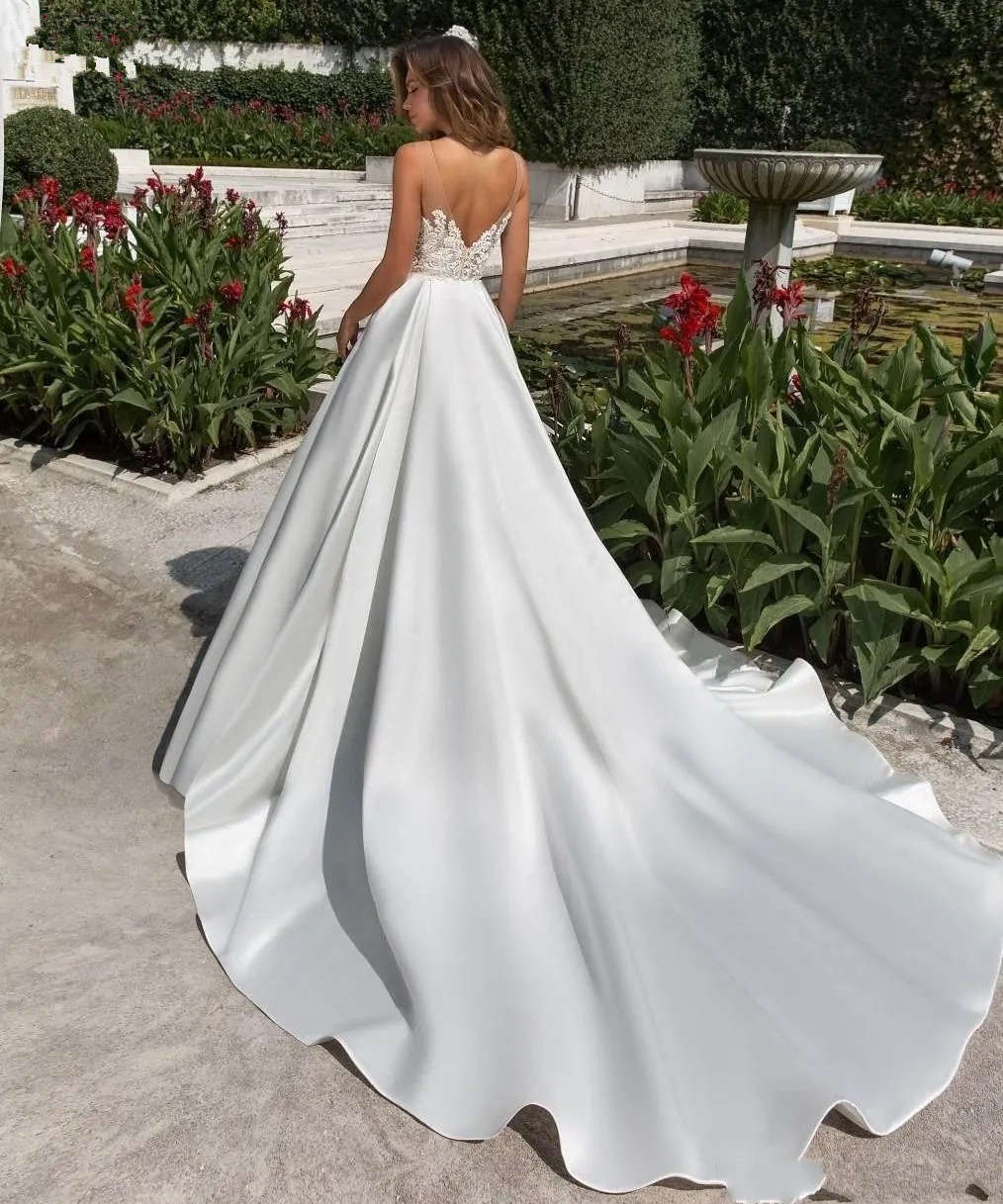 Modern Satin A Line Wedding Dresses For Brides With Pockets Sheer Crew Neck Lace Gowns Sweep Train Backless Robes de Mariee YD
