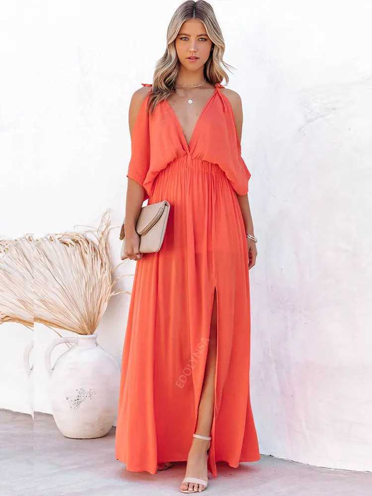 Basic Casual Dresses Boho Chiffon V-Neck Off Shoulder Sleeve Slit Tunic Dress Women 2023 Summer Elegant Solid Color Beach Wear Maxi Dresses A1445 240419