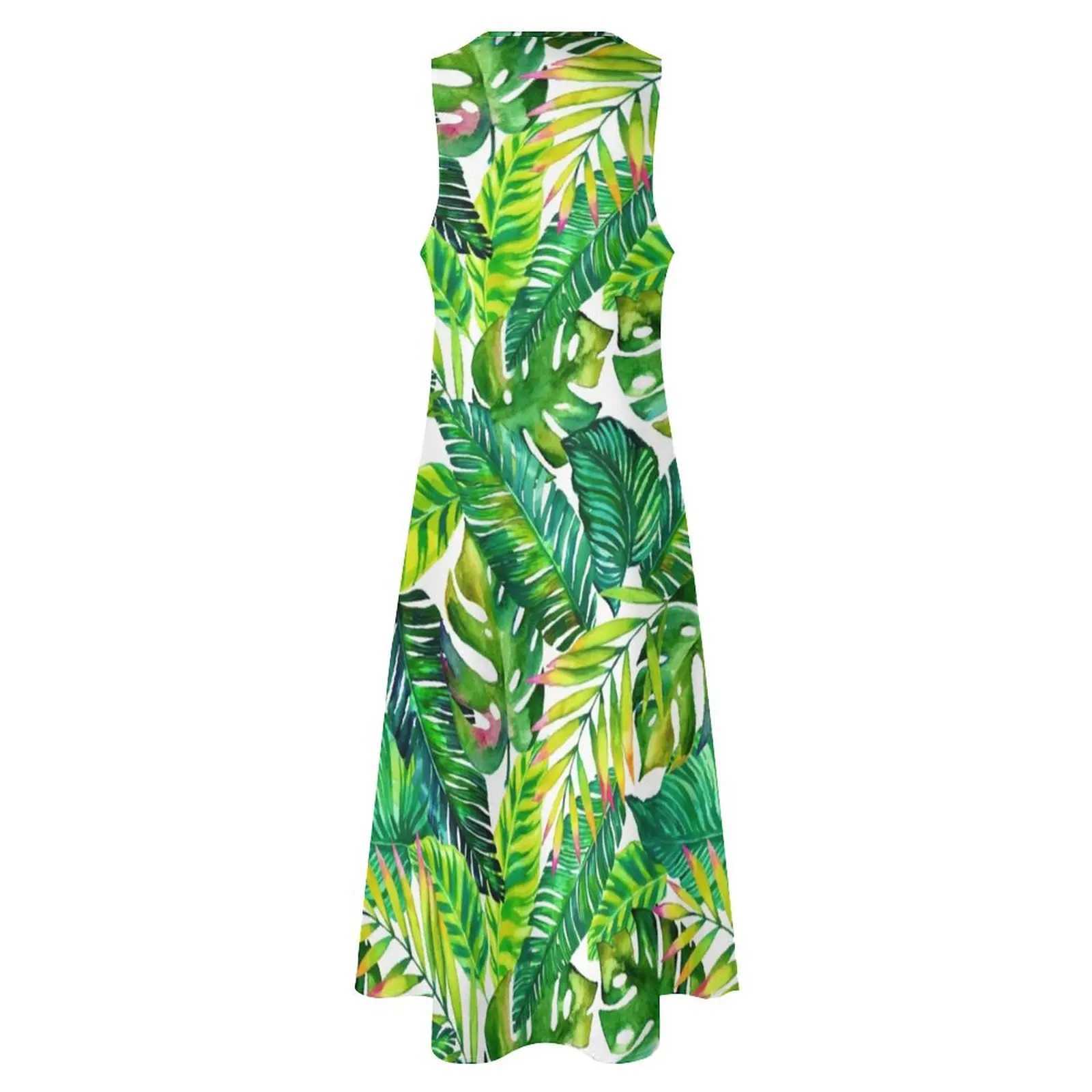 Vestidos casuais básicos folhas de banana vestido estampado de palmeira tropical vestor maxi vestido estético boêmia vestidos longos
