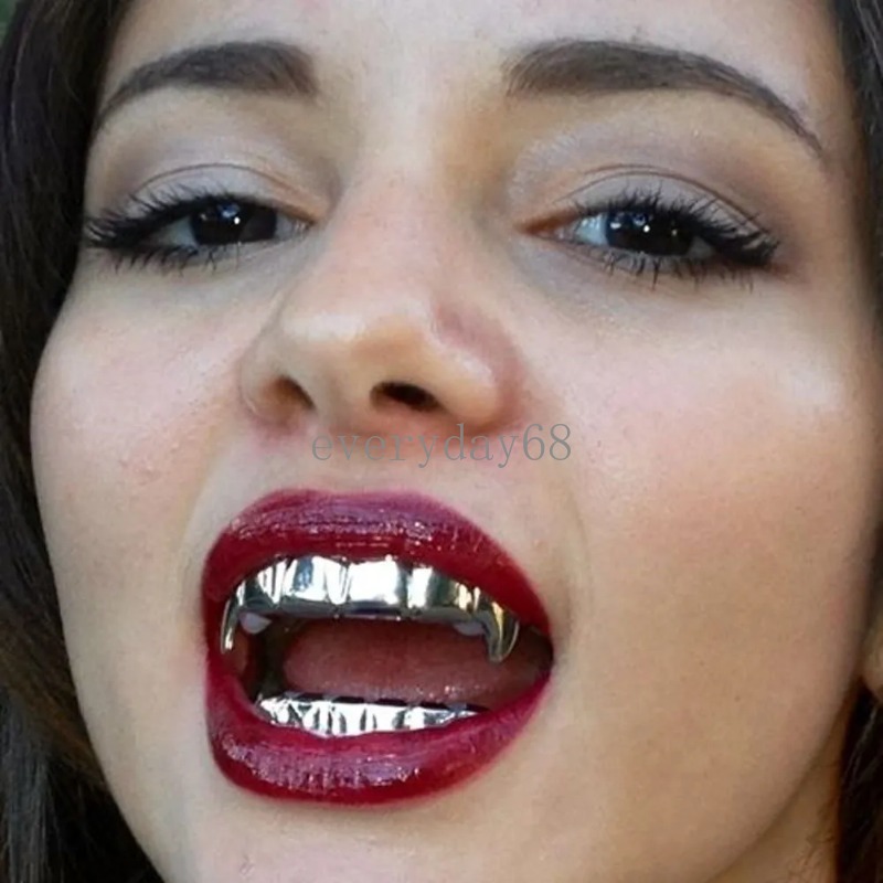 Hip Hop Teeth Grillz 14K Real Gold Plated Punk Top Bottom Dental Grill Set Silver Removable Vampire Grills for Women Men Halloween Rapper Costume Jewelry Accessories