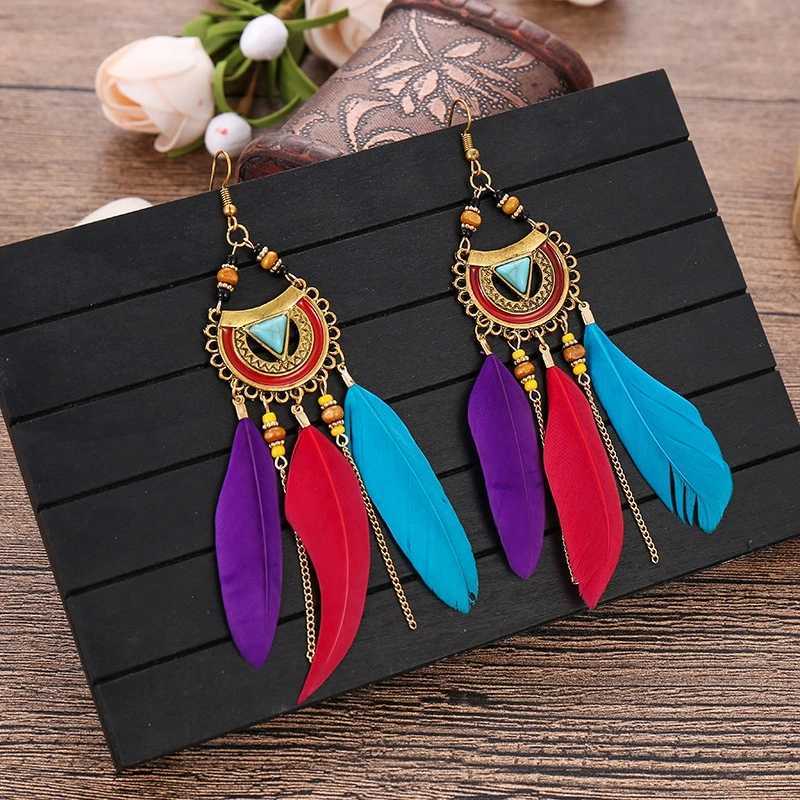 Andra Bohemian White Semicircle Long Feather Tassel Ladies Earrings Women Summer Indian Jewelry Natural Wood Pärlor Dingle Earrings 240419