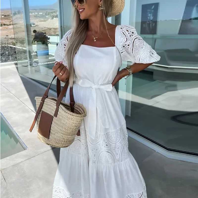 Grundläggande avslappnade klänningar Nya Böhmenklänningar för kvinnor Elegant Beach Party Dress White Short Sleeve A-Line Lace Long Dress Women Maxi Dresses 240419