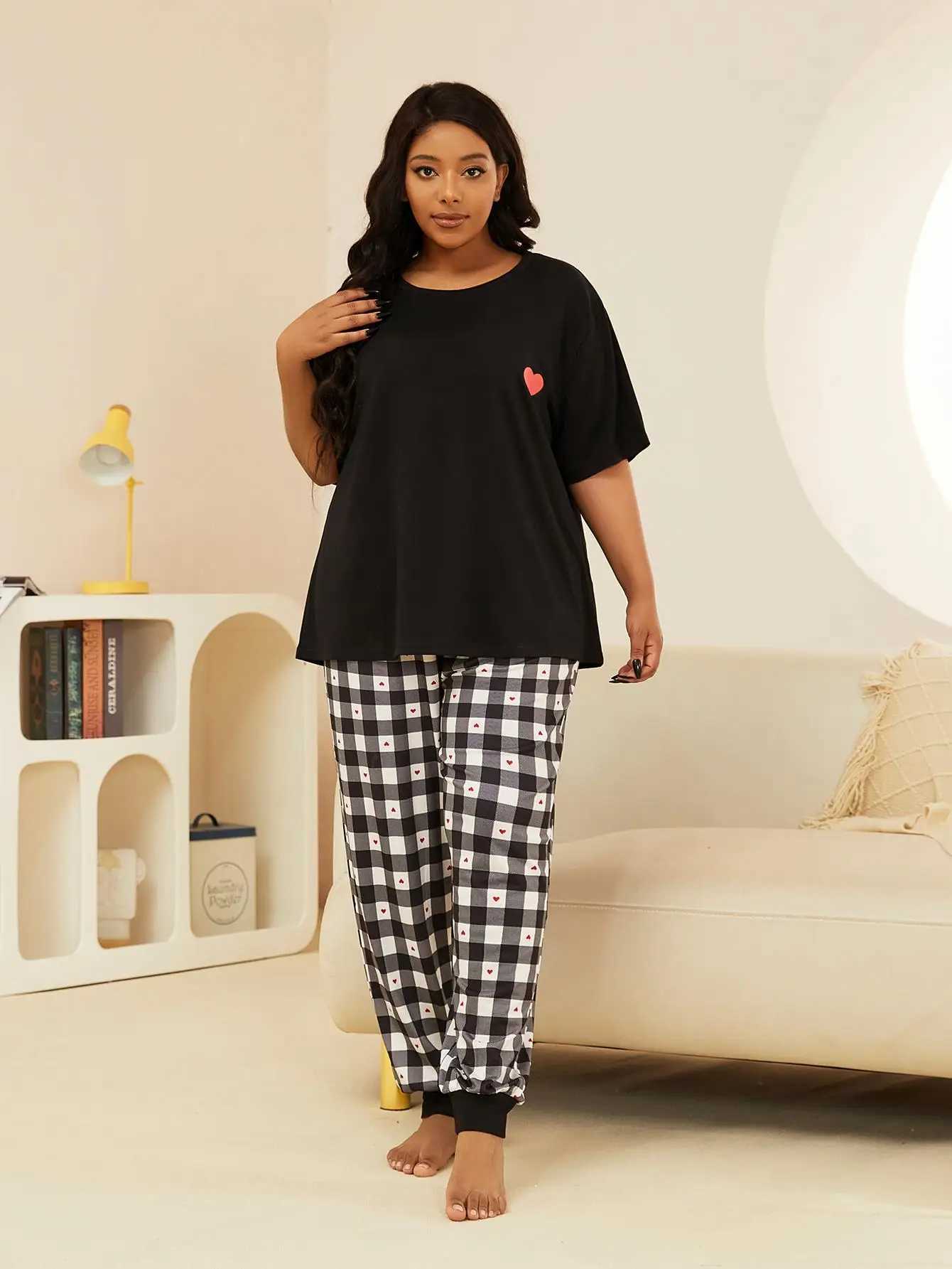 Women's Sleep Lounge Plus Size Womens Pajamas Set Scew Neck Plaid Love Print Summer Short Sleeves Sleepwear Drawstring Long Btoom Nightwear Clothes d240419