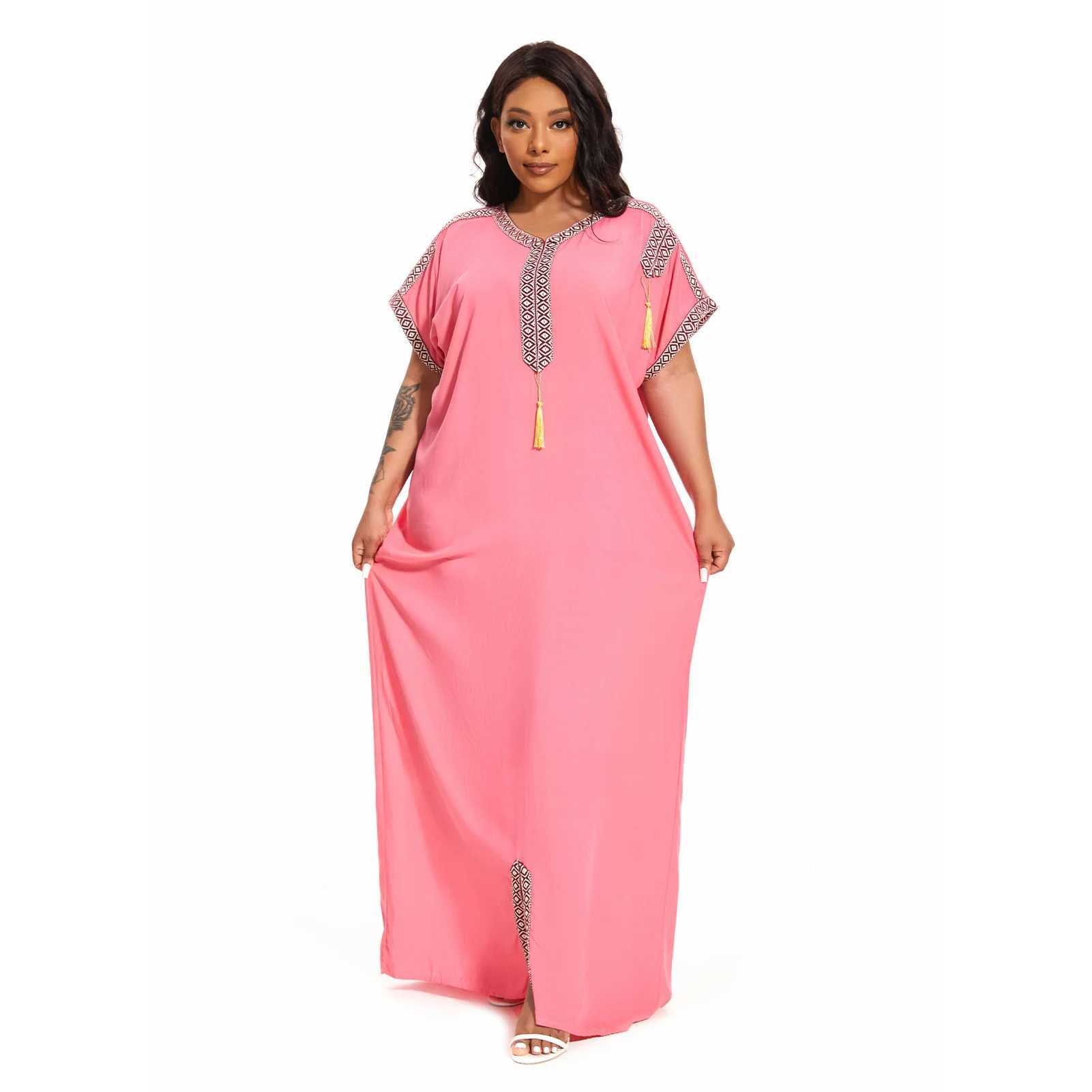 Etniska kläder 2024 PLUSSIZE COVER CAFTAN Traditionell kortärmad klänning Cotton Kaftan Beach Home Abaya African Dresses for Women D240419