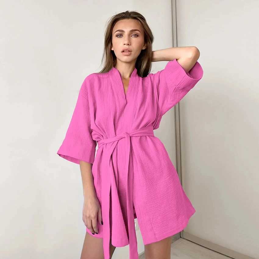 Wehh Women's Sleep Lounge Solid Cotton Bathrobe女性ローブ女性セクシーなミニドレス3分の1スリーブドレッシングドレスナイトガウンホームドレスD240419